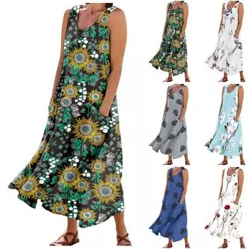 Женское модное повседневное однотонное хлопковое льняное платье без рукавов с карманами XXXL белый