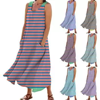 Женское модное повседневное однотонное хлопковое льняное платье без рукавов с карманами L синий