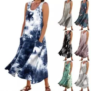 Женское модное повседневное однотонное хлопковое льняное платье без рукавов с карманами L чёрный