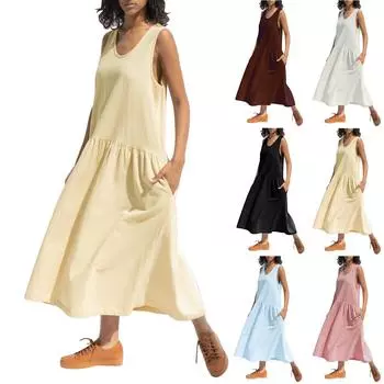 Женское модное повседневное однотонное хлопковое льняное платье без рукавов с v-образным вырезом и карманами M бежевый