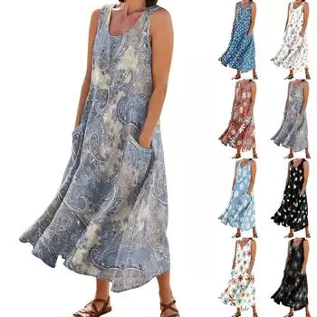 Женское модное повседневное однотонное хлопковое льняное платье без рукавов с карманами L бежевый