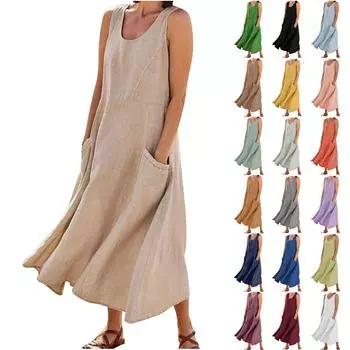Женское модное повседневное однотонное хлопковое льняное платье без рукавов с карманами L