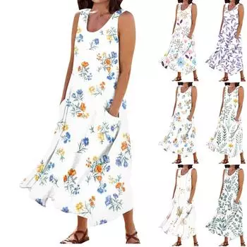 Женское модное повседневное однотонное хлопковое льняное платье без рукавов с карманами XL розовый