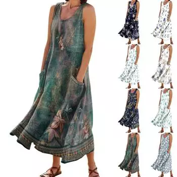 Женское модное повседневное однотонное хлопковое льняное платье без рукавов с карманами L чёрный