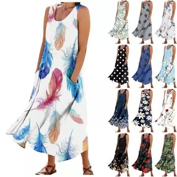 Женское модное повседневное однотонное хлопковое льняное платье без рукавов с карманами L чёрный