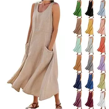 Женское модное повседневное однотонное хлопковое льняное платье без рукавов с карманами XL