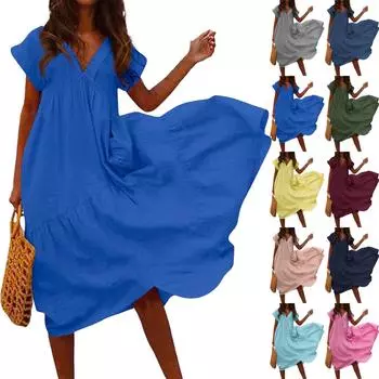 Женское модное повседневное однотонное хлопковое льняное платье со свободным воротником L армия зеленый