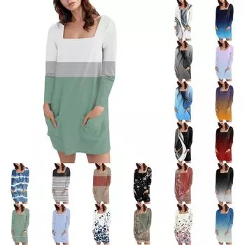 Женское модное повседневное однотонное короткое платье с квадратным вырезом и длинным рукавом L чёрный