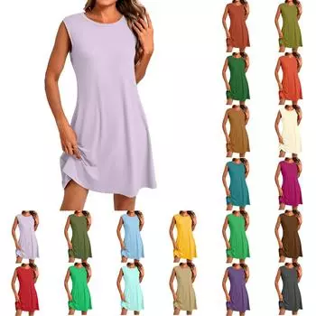Женское модное повседневное однотонное круглое платье без рукавов с короткими рукавами S