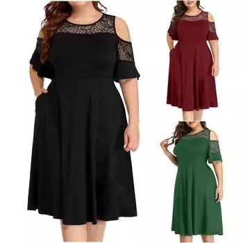 Женское модное повседневное однотонное кружевное платье больших размеров с открытыми плечами XL чёрный