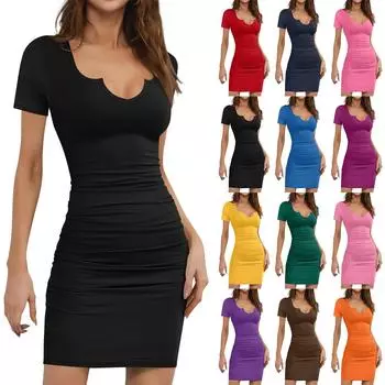 Женское модное повседневное однотонное облегающее облегающее летнее платье с коротким рукавом S чёрный