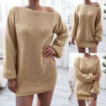 Женское модное повседневное однотонное однотонное свободное трикотажное платье с наклонными плечами и длинными рукавами M хаки