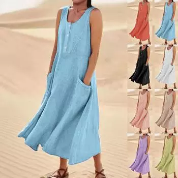 Женское модное повседневное однотонное платье без рукавов из хлопка и льна с карманами и пуговицами M синий