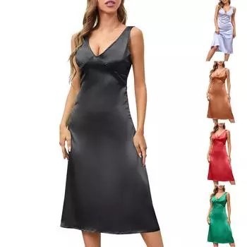 Женское модное повседневное однотонное платье без рукавов с v-образным вырезом на талии M чёрный
