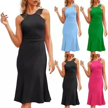 Женское модное повседневное однотонное платье без рукавов для похудения и темперамента L чёрный