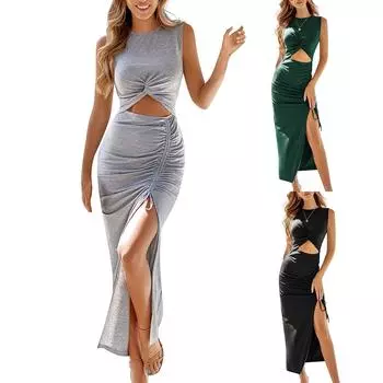 Женское модное повседневное однотонное платье без рукавов с круглым вырезом и без бретелек XL чёрный