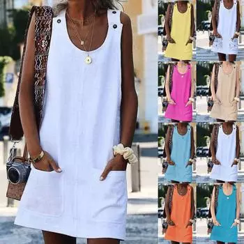 Женское модное повседневное однотонное платье на пуговицах со съемным карманом, свободное платье с круглым вырезом из хлопка и льна XXXL горячий розовый