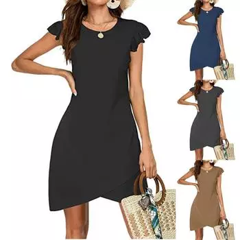 Женское модное повседневное однотонное платье-пуловер с короткими рукавами и круглым вырезом с рюшами XXL