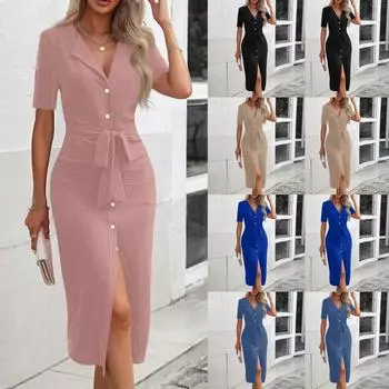 Женское модное повседневное однотонное платье-рубашка с лацканами и поясом M розовый