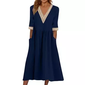 Женское модное повседневное однотонное платье с короткими рукавами, кружевным V-образным вырезом и приталенным поясом M тёмно-синий