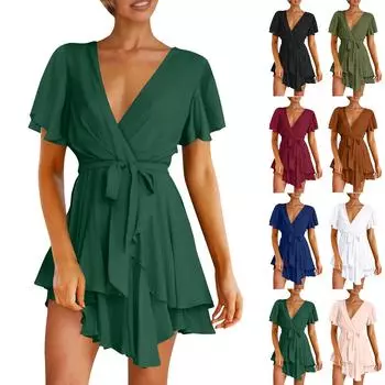 Женское модное повседневное однотонное платье с коротким рукавом и v-образным вырезом, свободная талия, рюшами L чёрный