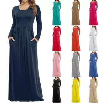 Женское модное повседневное однотонное платье с круглым вырезом и длинными рукавами с карманами L