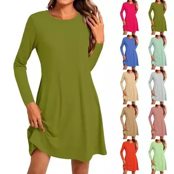 Женское модное повседневное однотонное платье с круглым вырезом и длинным рукавом, короткими боковыми карманами L армия зеленый