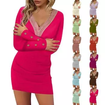 Женское модное повседневное однотонное платье с длинным рукавом и V-образным вырезом на пуговицах L