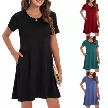Женское модное повседневное однотонное платье с карманом и круглым вырезом с коротким рукавом XXL чёрный