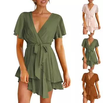 Женское модное повседневное однотонное платье с коротким рукавом и v-образным вырезом, свободная талия, рюшами L коричневый