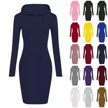 Женское модное повседневное однотонное платье с длинным рукавом XL синий