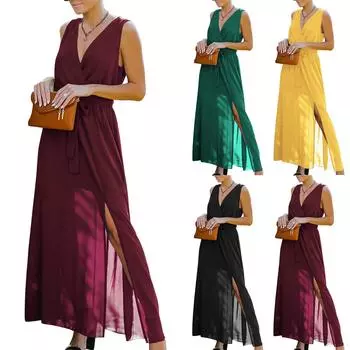 Женское модное повседневное однотонное платье средней длины без рукавов с v-образным вырезом и поясом L чёрный