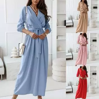 Женское модное повседневное однотонное шифоновое платье с v-образным вырезом на шнуровке и эластичной резинкой на талии с длинными рукавами XXL красный