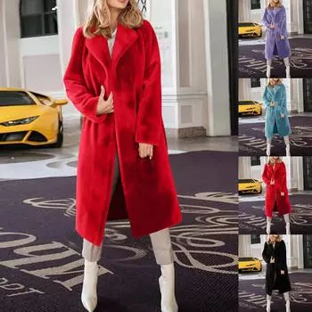 Женское модное повседневное однотонное толстое теплое длинное пальто с лацканами из плюша S синий