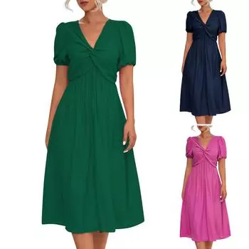 Женское модное повседневное однотонное завязанное платье с коротким рукавом и V-образным вырезом