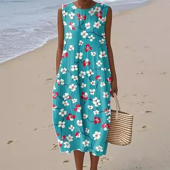 Женское модное повседневное платье без рукавов с круглым вырезом и цветочным принтом, элегантное, темпераментное L циан