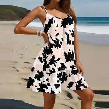 Женское модное повседневное платье без рукавов с круглым вырезом и цветочным принтом для пляжа L бежевый