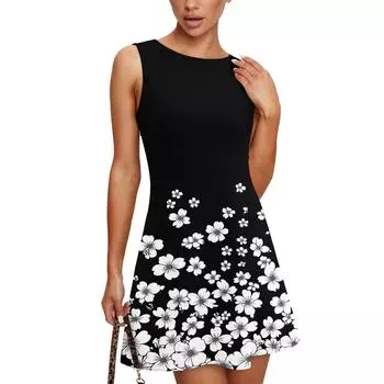 Женское модное повседневное платье без рукавов с круглым вырезом и принтом Платье без рукавов с круглым вырезом M чёрный