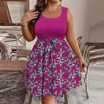Женское модное повседневное платье без рукавов с цветным принтом и поясом большого размера XL фиолетовый