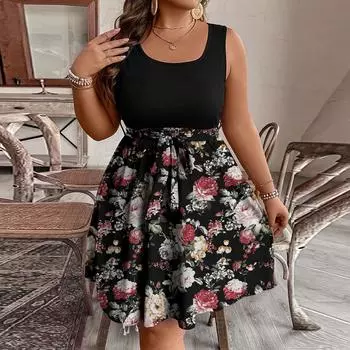 Женское модное повседневное платье без рукавов с цветным принтом и поясом большого размера L чёрный