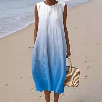 Женское модное повседневное платье без рукавов с круглым вырезом и градиентом, элегантное, темпераментное L синий