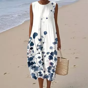 Женское модное повседневное платье без рукавов с круглым вырезом и цветочным принтом, элегантное, темпераментное XXL синий