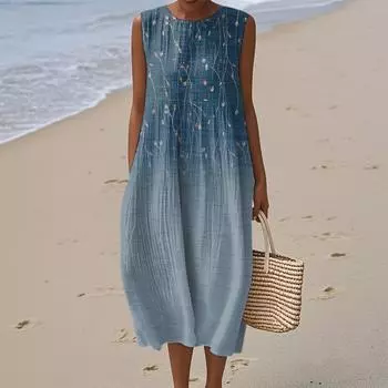 Женское модное повседневное платье без рукавов с круглым вырезом и цветочным принтом, элегантное, темпераментное XXL синий