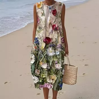 Женское модное повседневное платье без рукавов с круглым вырезом и цветочным принтом, элегантное, темпераментное L
