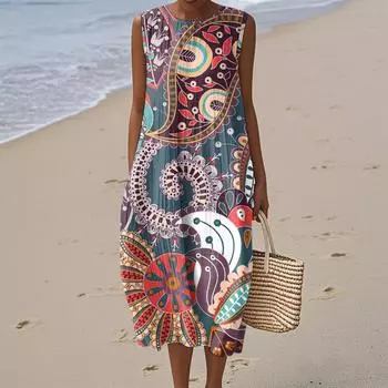 Женское модное повседневное платье без рукавов с круглым вырезом в стиле ретро в стиле бохо с элегантным темпераментом XL