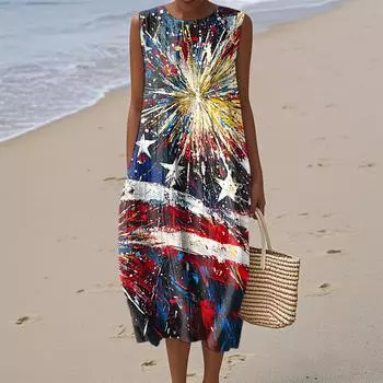 Женское модное повседневное платье без рукавов с круглым вырезом и принтом ко Дню независимости, элегантное и сдержанное M