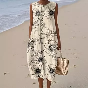 Женское модное повседневное платье без рукавов с круглым вырезом и цветочным принтом, элегантное, темпераментное XL