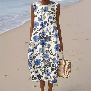 Женское модное повседневное платье без рукавов с круглым вырезом и цветочным принтом, элегантное, темпераментное XXL