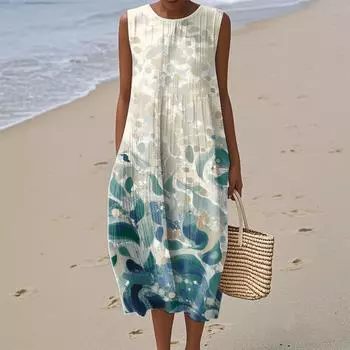 Женское модное повседневное платье без рукавов с круглым вырезом и цветочным принтом, элегантное, темпераментное M