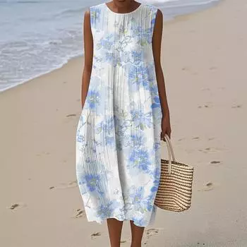 Женское модное повседневное платье без рукавов с круглым вырезом и цветочным принтом, элегантное, темпераментное L